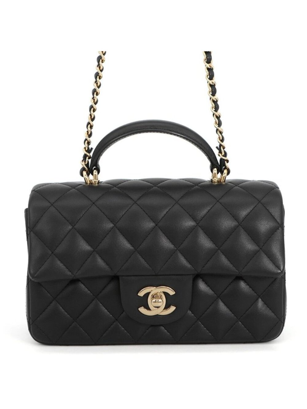 Chanel Chain Shoulder Bag Quilted CC Logo Top Handle Mini Flap Lambskin Black
